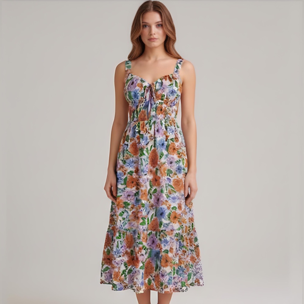 Boho Floral Print Tie Front Ruffle Hem Cami Dress